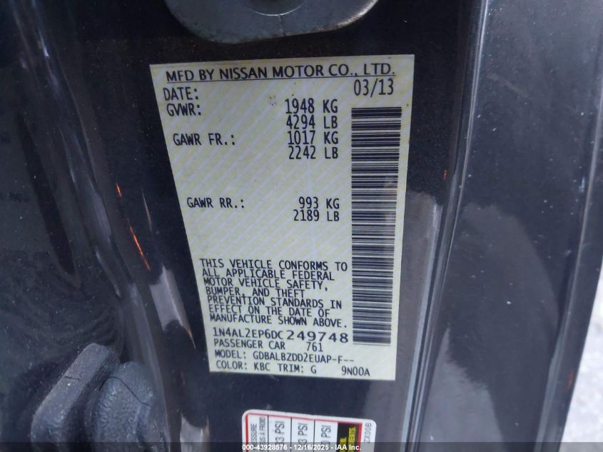 2013 Nissan Altima 2.5 S VIN: 1N4AL2EP6DC249748 Lot: 43928576