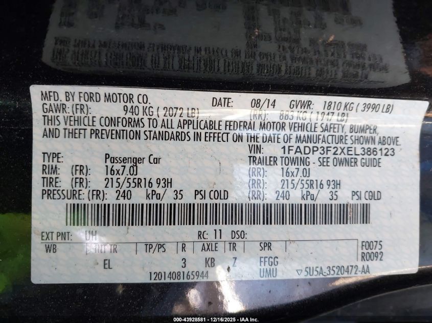 2014 Ford Focus Se VIN: 1FADP3F2XEL386123 Lot: 43928581