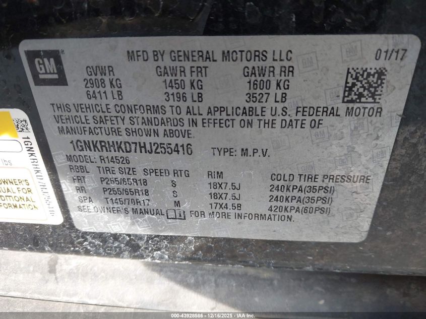 2017 Chevrolet Traverse 2Lt VIN: 1GNKRHKD7HJ255416 Lot: 43928586