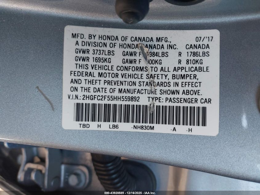 2017 Honda Civic Lx VIN: 2HGFC2F55HH559892 Lot: 43928589