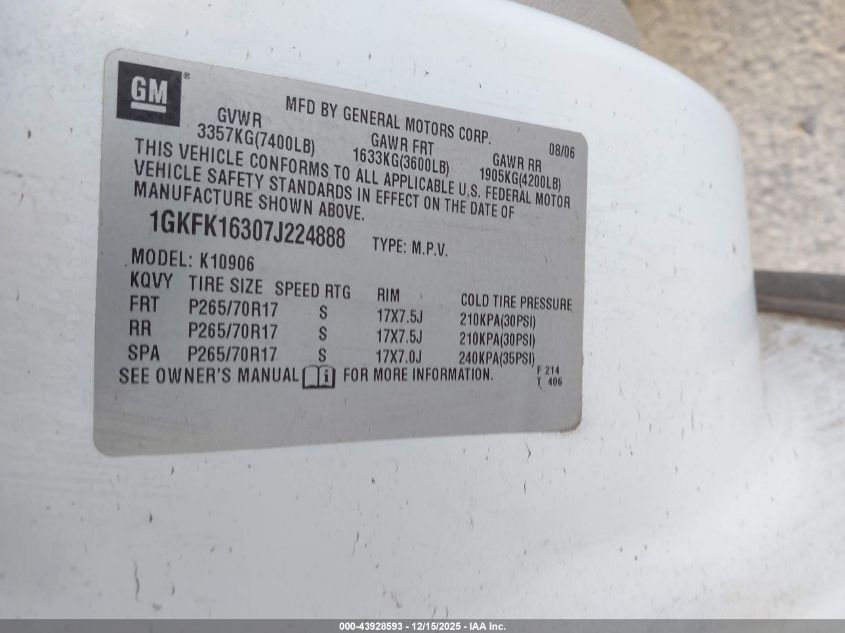 2007 GMC Yukon Xl 1500 Commercial Fleet VIN: 1GKFK16307J224888 Lot: 43928593