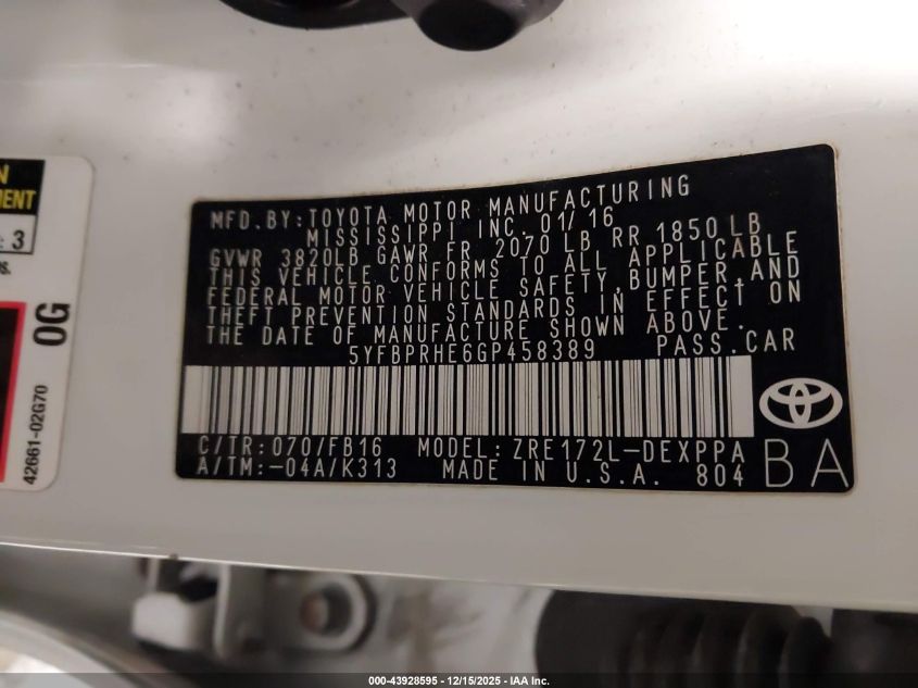 2016 Toyota Corolla Le Plus VIN: 5YFBPRHE6GP458389 Lot: 43928595