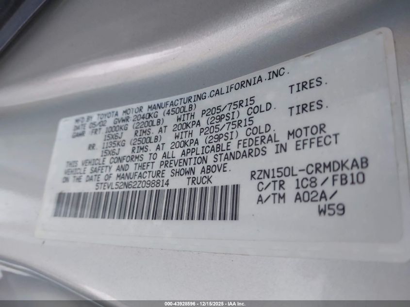 2002 Toyota Tacoma VIN: 5TEVL52N62Z098814 Lot: 43928596