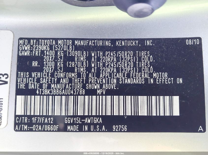 2010 Toyota Venza Base V6 VIN: 4T3BK3BB6AU043788 Lot: 43928599