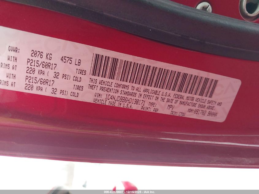 2017 Jeep Compass Sport 4X4 VIN: 1C4NJDBB6HD138171 Lot: 43928607