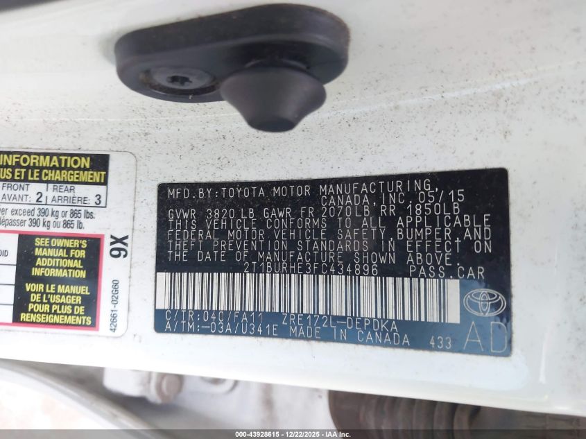 2018 Toyota Corolla L VIN: 2T1BURHE0JC016059 Lot: 43928615