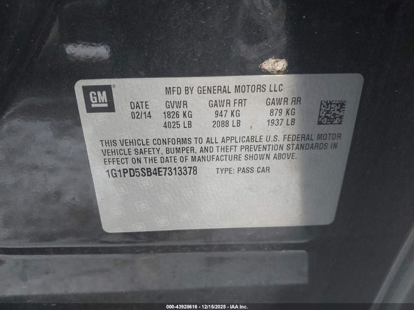 2014 Chevrolet Cruze 1Lt Manual VIN: 1G1PD5SB4E7313378 Lot: 43928616