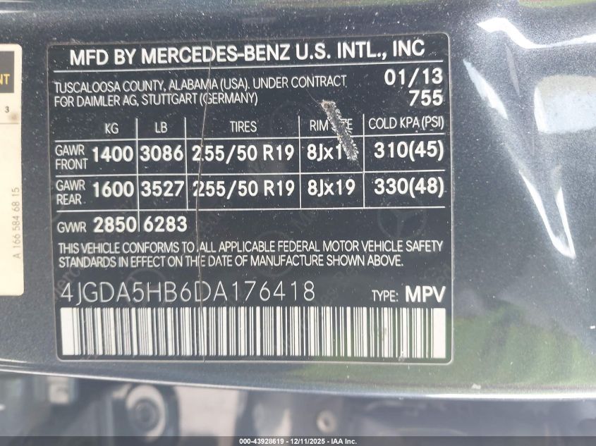 2013 Mercedes-Benz Ml 350 4Matic VIN: 4JGDA5HB6DA176418 Lot: 43928619