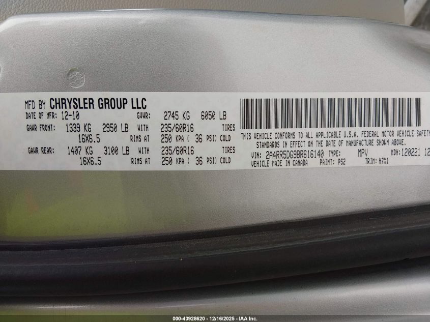 2011 Chrysler Town & Country Touring VIN: 2A4RR5DG9BR616140 Lot: 43928620