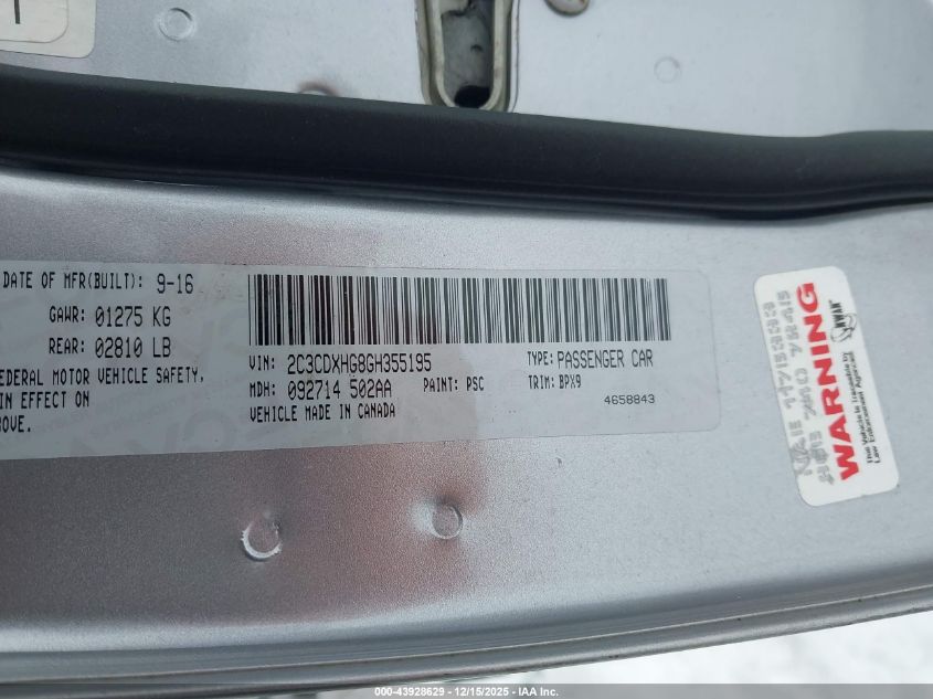 2016 Dodge Charger Sxt VIN: 2C3CDXHG8GH355195 Lot: 43928629