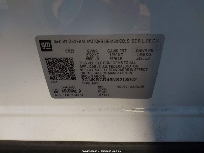 2022 Chevrolet Blazer Fwd 2Lt VIN: 3GNKBCR46NS218042 Lot: 43928630