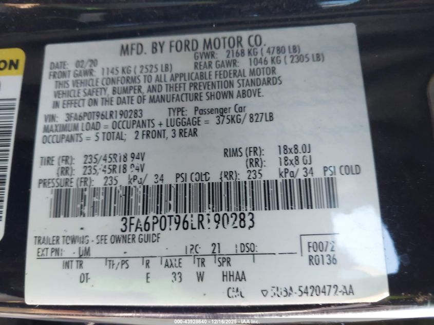 2020 Ford Fusion Se VIN: 3FA6P0T96LR190283 Lot: 43928640