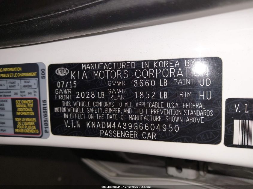 2016 Kia Rio Lx VIN: KNADM4A39G6604950 Lot: 43928641