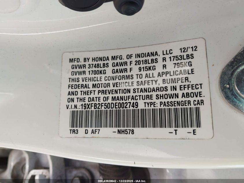 2013 Honda Civic Lx VIN: 19XFB2F50DE002749 Lot: 43928642