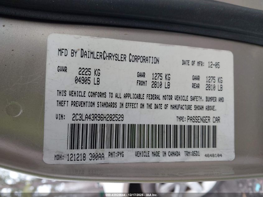 2006 Chrysler 300 VIN: 2C3LA43R96H282529 Lot: 43928644