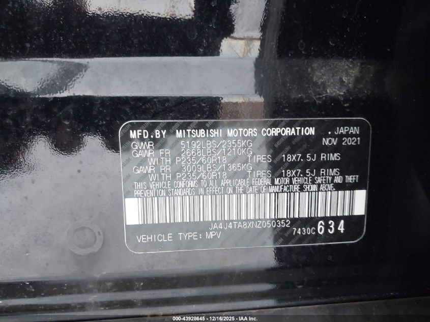 2022 Mitsubishi Outlander Es 2.5 S-Awc VIN: JA4J4TA8XNZ050352 Lot: 43928645