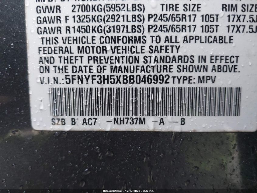 2011 Honda Pilot Ex-L VIN: 5FNYF3H5XBB046992 Lot: 43928649