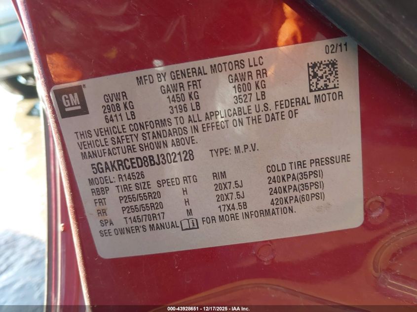 2011 Buick Enclave 2Xl VIN: 5GAKRCED8BJ302128 Lot: 43928651