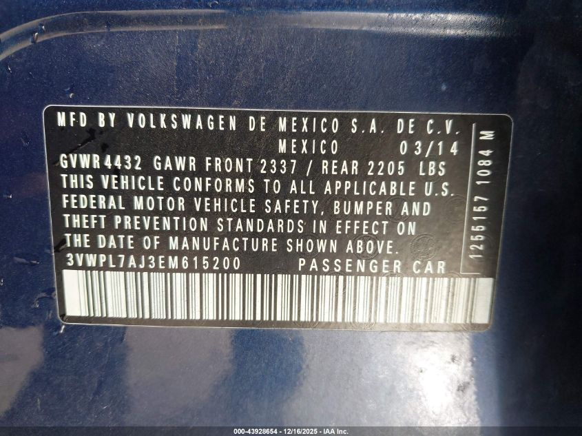 2014 Volkswagen Jetta Sportwagen 2.0L Tdi VIN: 3VWPL7AJ3EM615200 Lot: 43928654