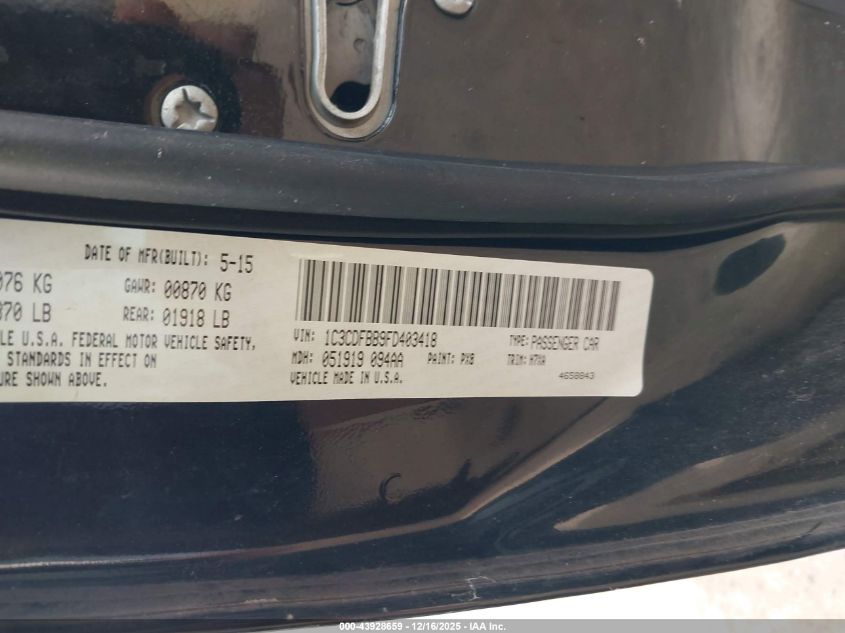 2015 Dodge Dart Sxt VIN: 1C3CDFBB9FD403418 Lot: 43928659