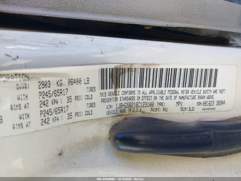 2006 Jeep Commander Limited VIN: 1J8HG58216C123100 Lot: 43928669