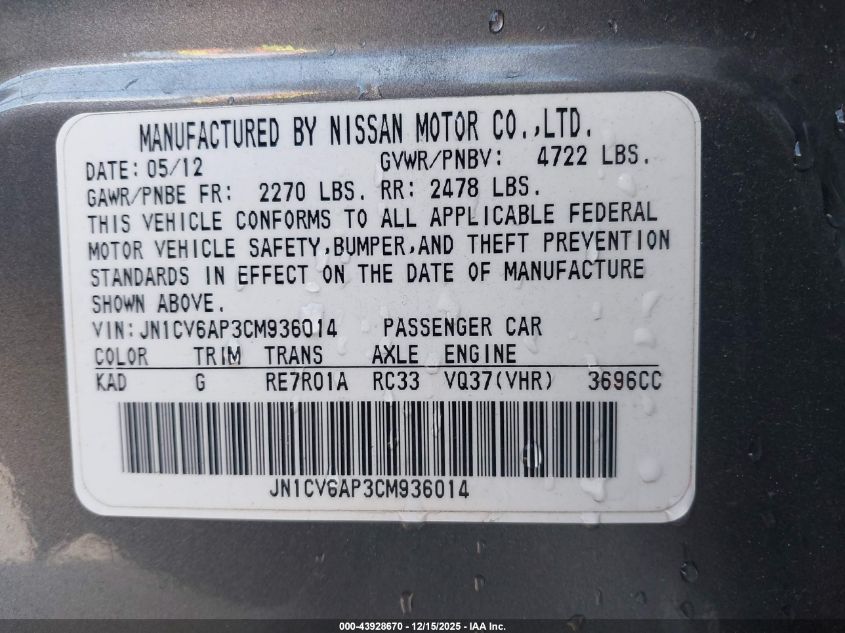 2012 Infiniti G37 Journey VIN: JN1CV6AP3CM936014 Lot: 43928670
