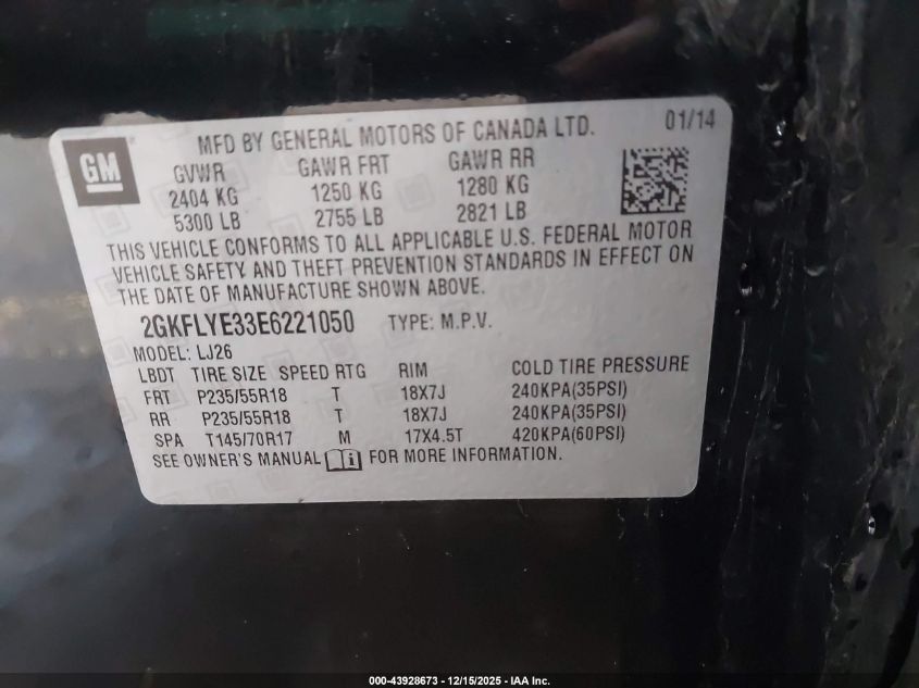 2014 GMC Terrain Slt-2 VIN: 2GKFLYE33E6221050 Lot: 43928673