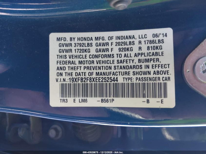 2014 Honda Civic Ex VIN: 19XFB2F8XEE252544 Lot: 43928675