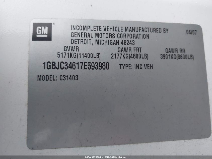 2007 Chevrolet Silverado 3500 Chassis Work Truck VIN: 1GBJC34617E593980 Lot: 43928681