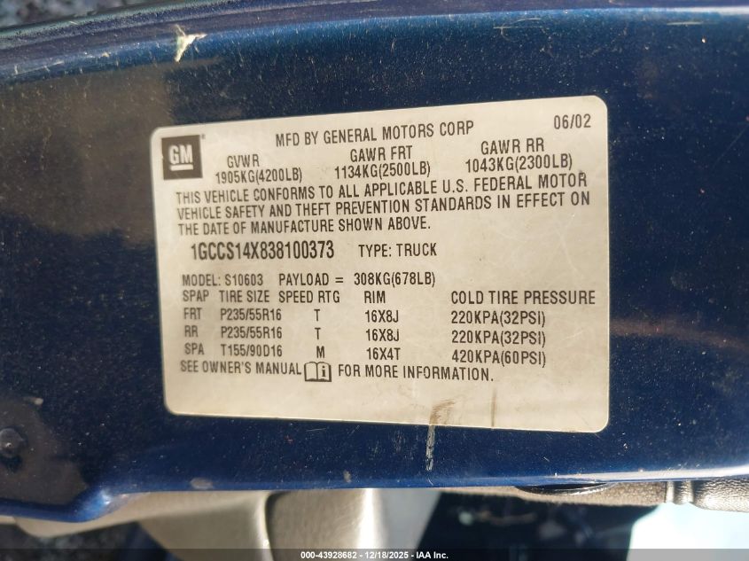 2003 Chevrolet S-10 Ls VIN: 1GCCS14X838100373 Lot: 43928682