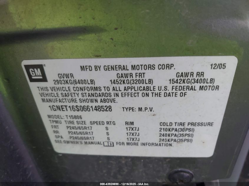 2006 Chevrolet Trailblazer Ext Ls VIN: 1GNET16S066148528 Lot: 43928698
