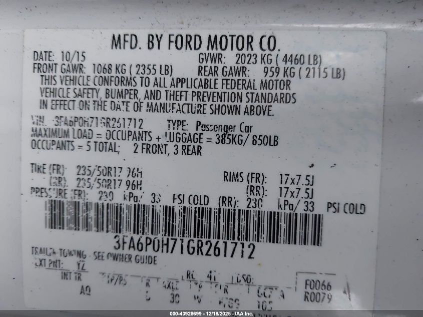 2016 Ford Fusion Se VIN: 3FA6P0H71GR261712 Lot: 43928699