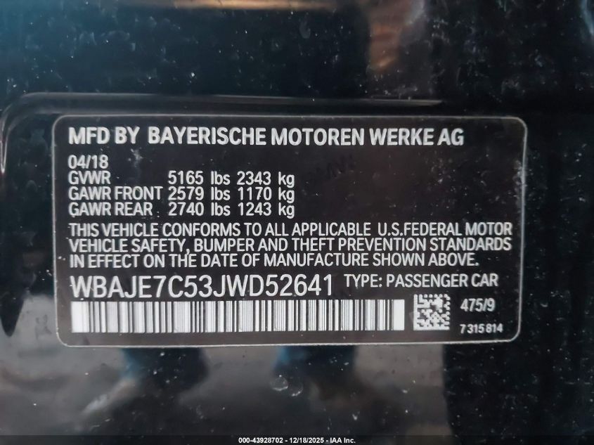 2018 BMW 540I xDrive VIN: WBAJE7C53JWD52641 Lot: 43928702