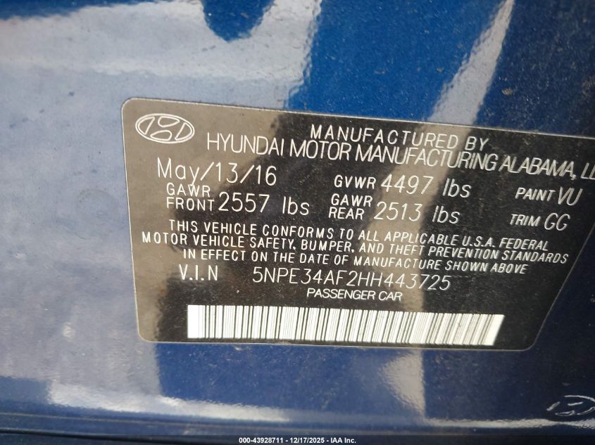 2017 Hyundai Sonata Limited VIN: 5NPE34AF2HH443725 Lot: 43928711