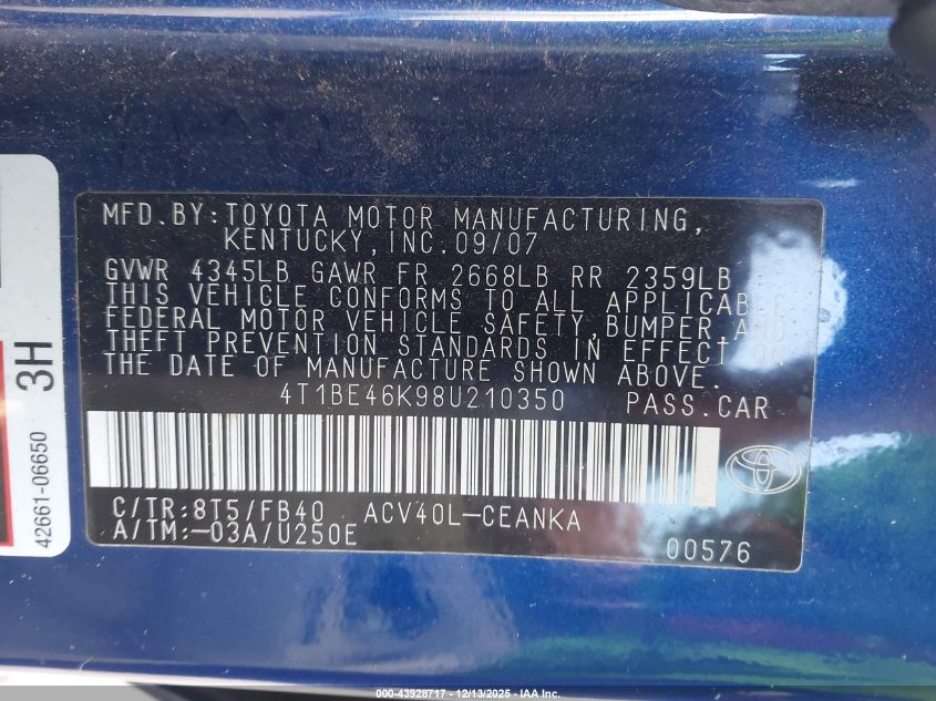 2008 Toyota Camry Le VIN: 4T1BE46K98U210350 Lot: 43928717