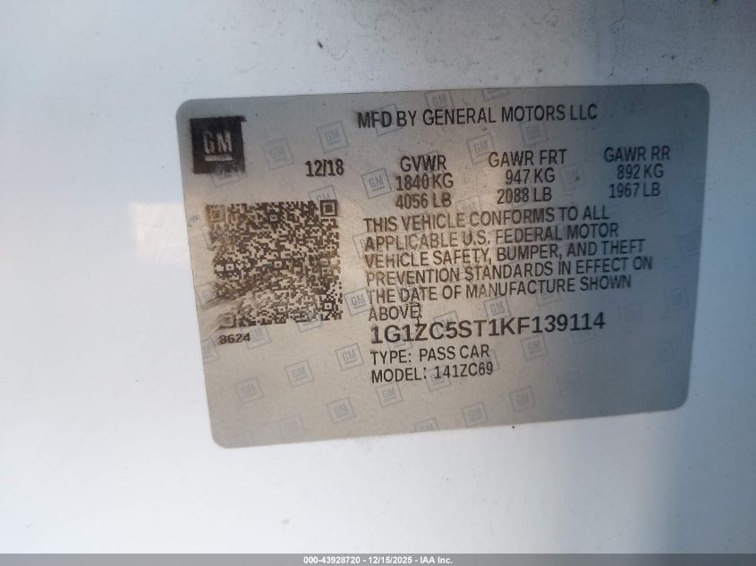 2019 Chevrolet Malibu 1Fl VIN: 1G1ZC5ST1KF139114 Lot: 43928720