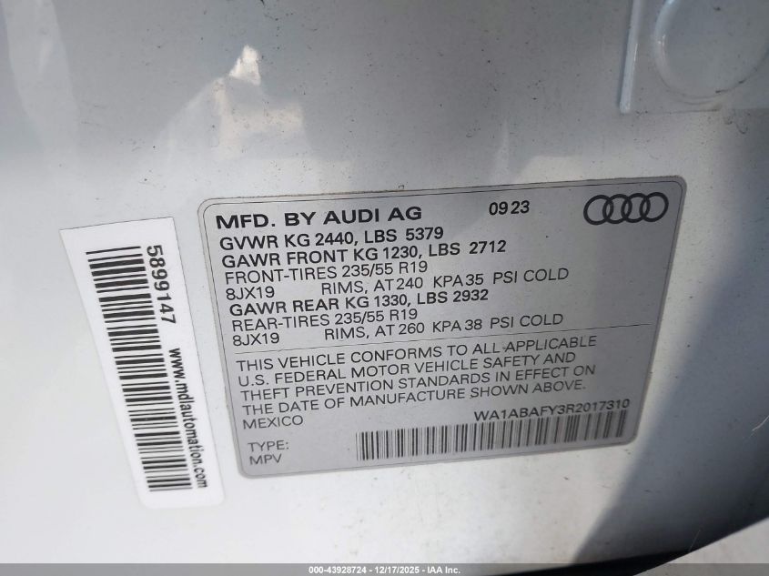 2024 Audi Q5 Premium 40 Tfsi Quattro S Tronic VIN: WA1ABAFY3R2017310 Lot: 43928724