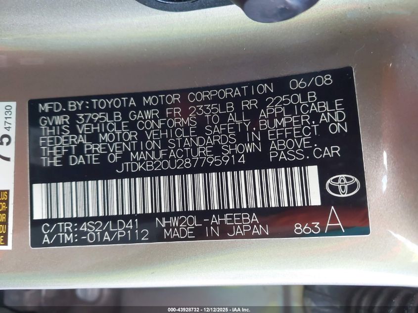 2008 Toyota Prius VIN: JTDKB20U287795914 Lot: 43928732