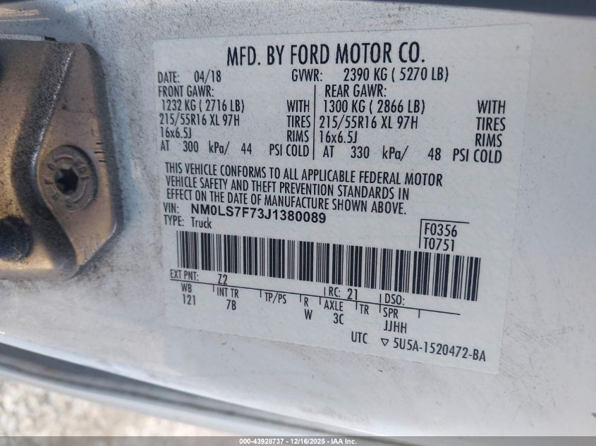 2018 Ford Transit Connect Xlt VIN: NM0LS7F73J1380089 Lot: 43928737