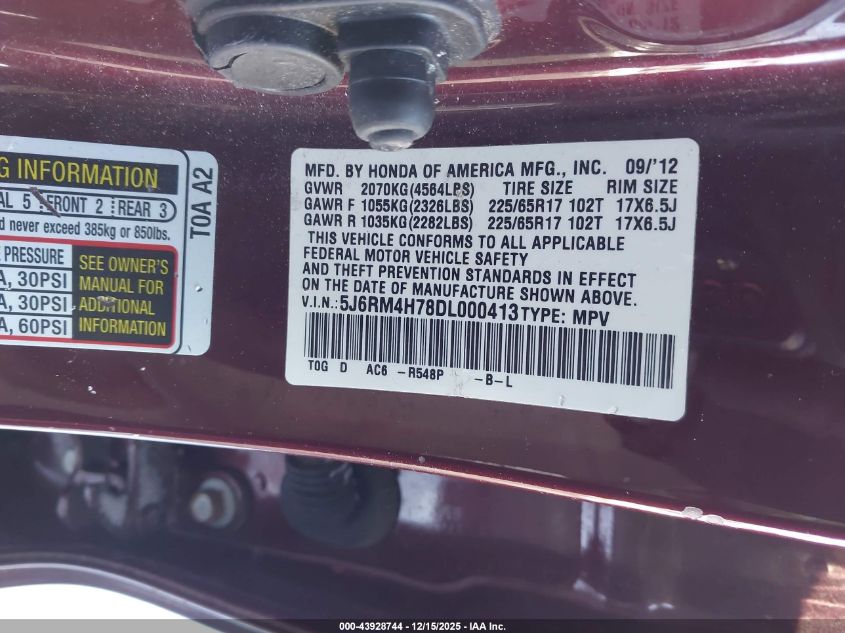 2013 Honda Cr-V Ex-L VIN: 5J6RM4H78DL000413 Lot: 43928744