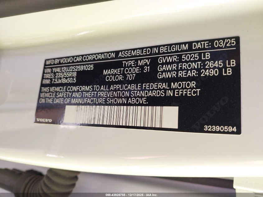 2025 Volvo Xc40 B5 Core Bright Theme VIN: YV4L12UJ2S2591025 Lot: 43928755