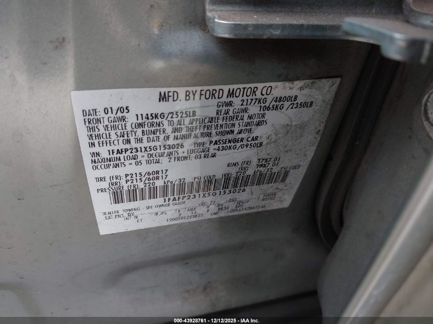 2005 Ford Five Hundred Se VIN: 1FAFP231X5G153026 Lot: 43928761