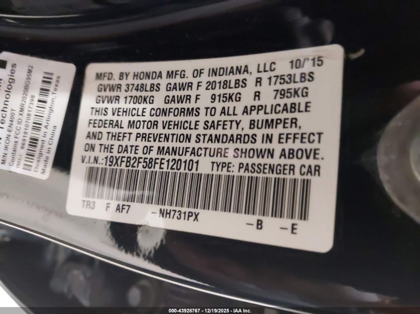 2015 Honda Civic Lx VIN: 19XFB2F58FE120101 Lot: 43928767