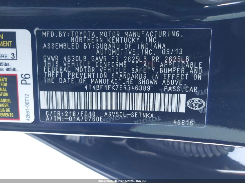 2014 Toyota Camry Le VIN: 4T4BF1FK7ER346389 Lot: 43928768