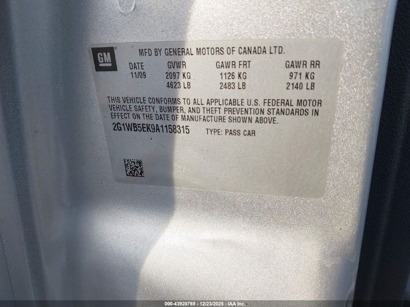 2010 Chevrolet Impala Lt VIN: 2G1WB5EK9A1158315 Lot: 43928769