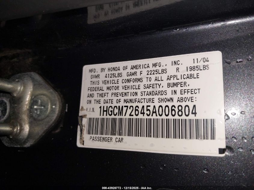 2005 Honda Accord 2.4 Ex VIN: 1HGCM72645A006804 Lot: 43928772