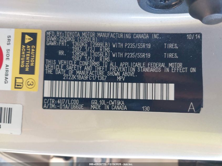 2015 Lexus Rx 350 VIN: 2T2ZK1BA9FC171367 Lot: 43928775