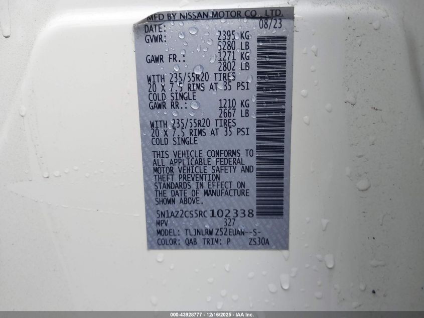 2024 Nissan Murano Sl Intelligent Awd VIN: 5N1AZ2CS5RC102338 Lot: 43928777