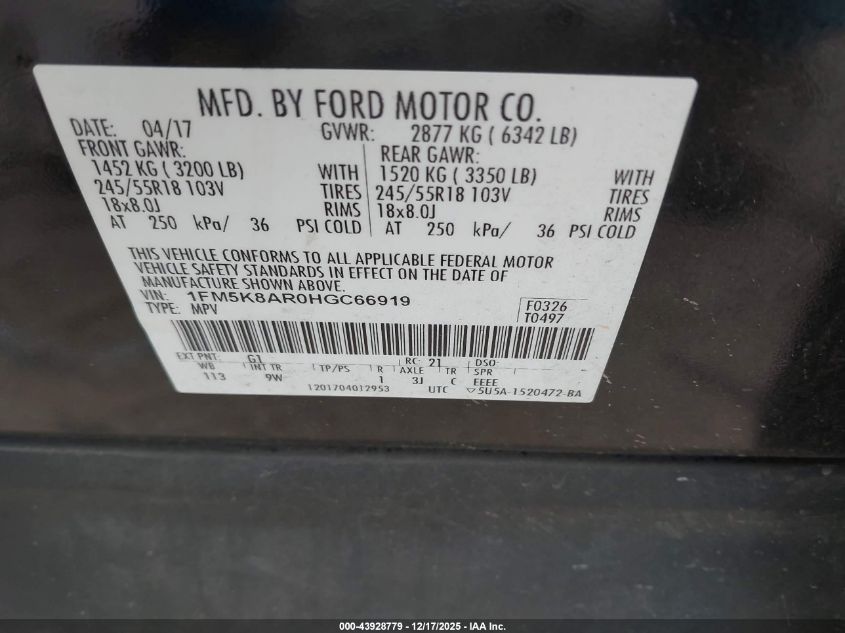 2017 Ford Utility Police Interceptor VIN: 1FM5K8AR0HGC66919 Lot: 43928779