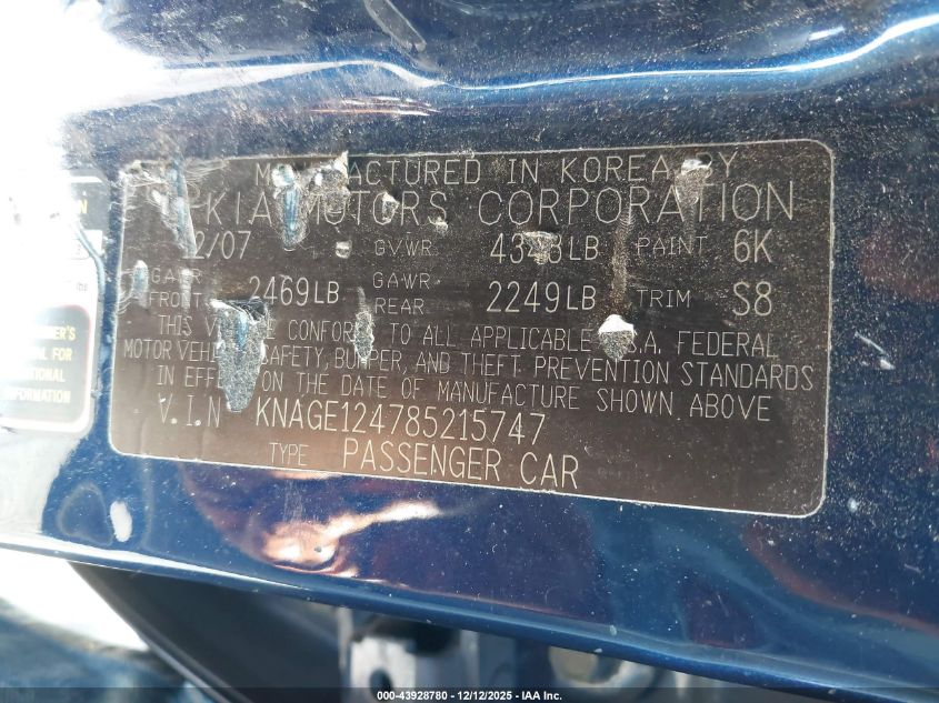 2008 Kia Optima Lx V6 VIN: KNAGE124785215747 Lot: 43928780